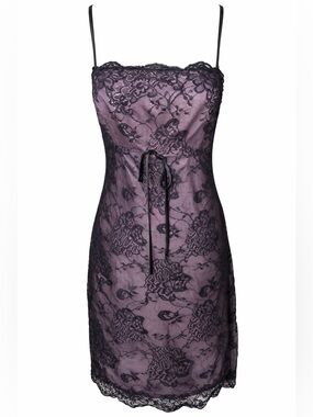 Vintage Y2K Lace overlay Slip Dress Goth Coquette Sheer Mesh Mini Bow- Sz 4